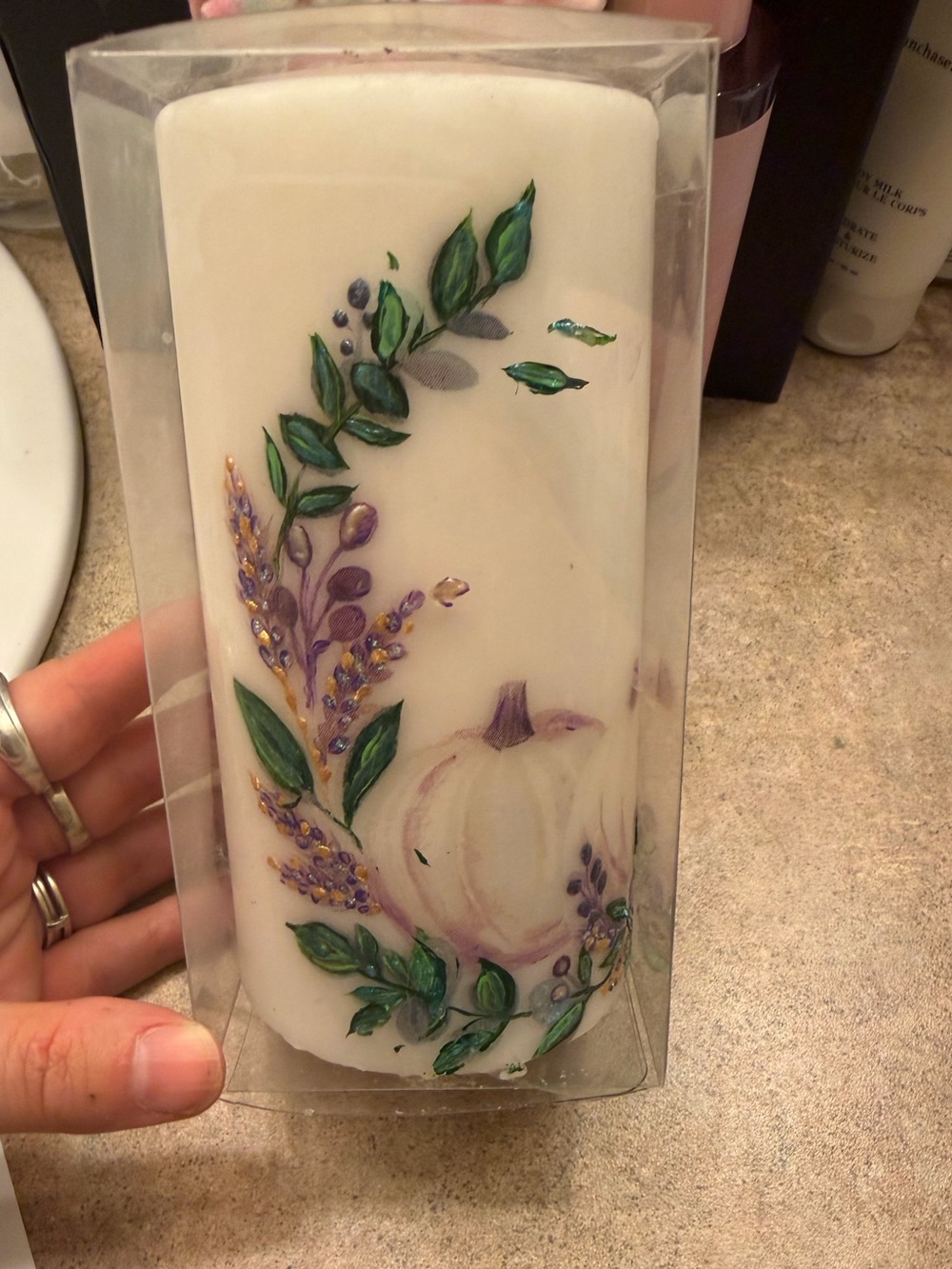 Hand painted Cream Decorative Pillar Candle with Green and Purple Floral Accents